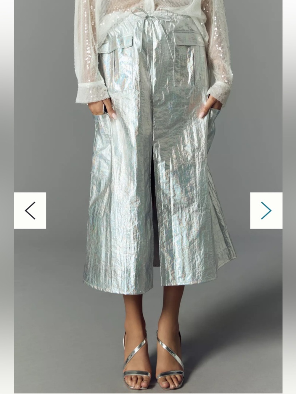 By Anthropologie Iridescent Metallic Silver Cargo Midi Skirt with Front Slit